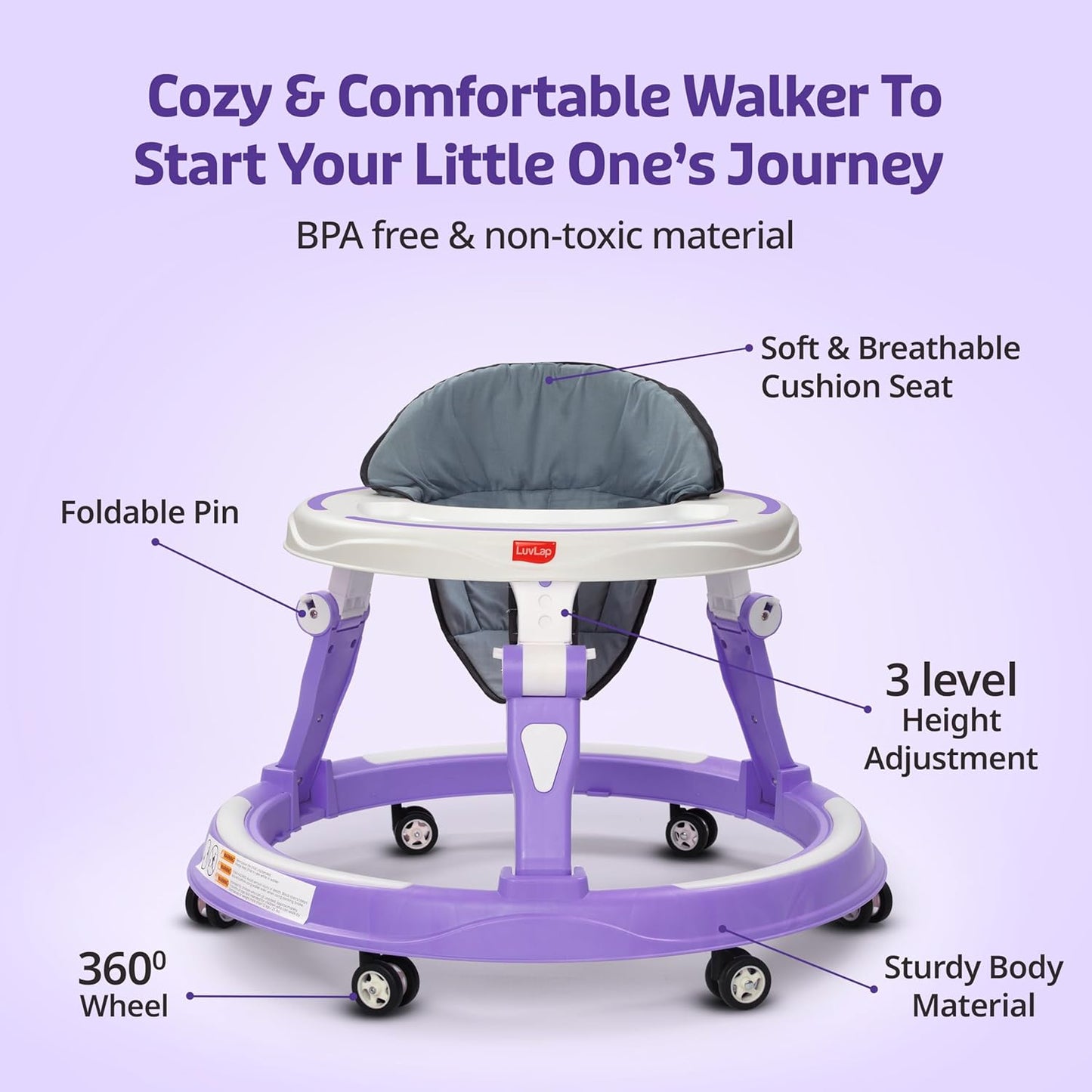 LuvLap Adjustable Baby Walker with 360° Wheels & Foldable Design
