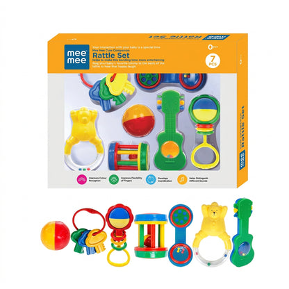 Mee Mee BPA Free Baby Rattles Set, Rattle Gift Set, Made of Food Grade Plastic, Grab Rattles and Soothing Teethers for Babies & Infants, Early Age Toys for Kids (Pack of 7, Multicolor