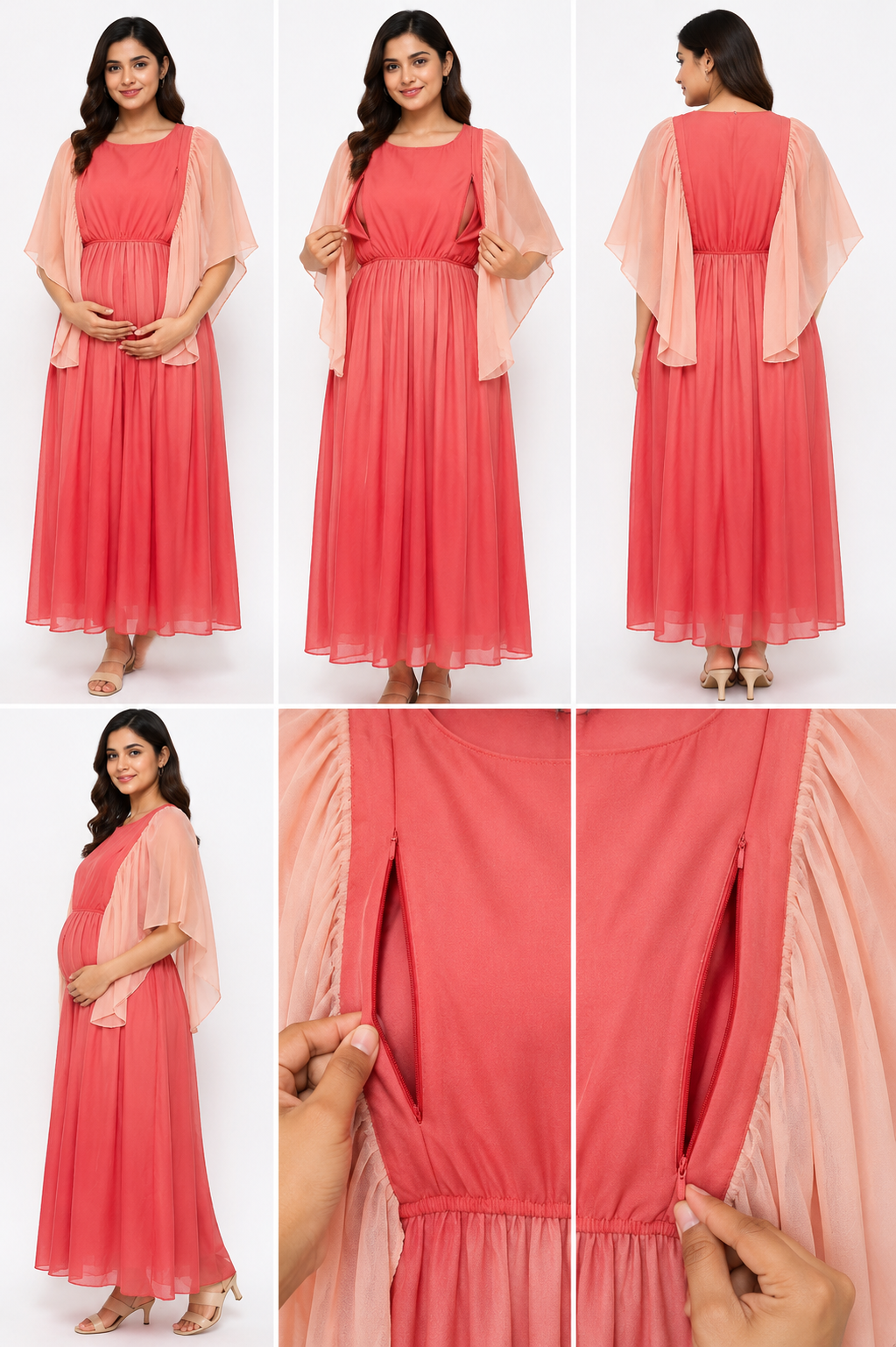 Women's Maternity & Feeding Maxi Gown | Coral Pink Nursing Dress Size M