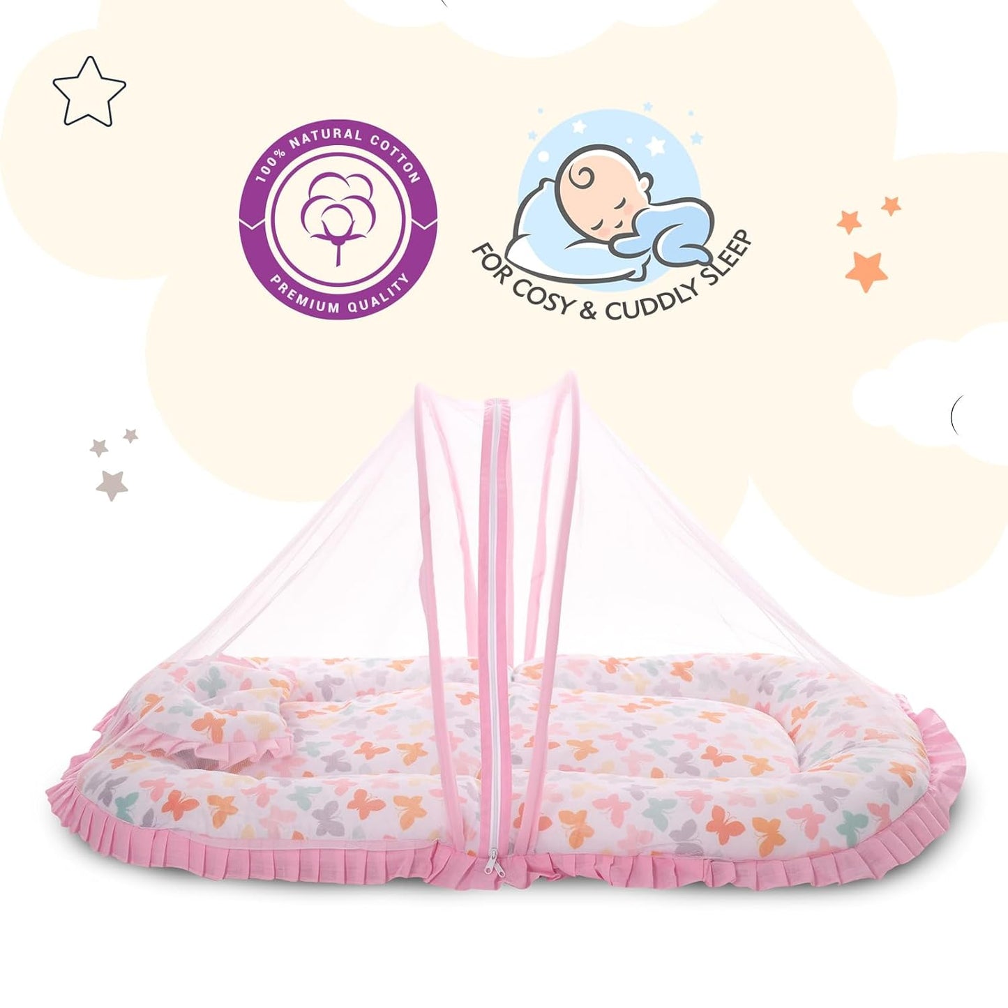 Mee Mee Baby Carry Nest & Lounger Set with Mosquito Net & Head Support Cushion Butterfly Design