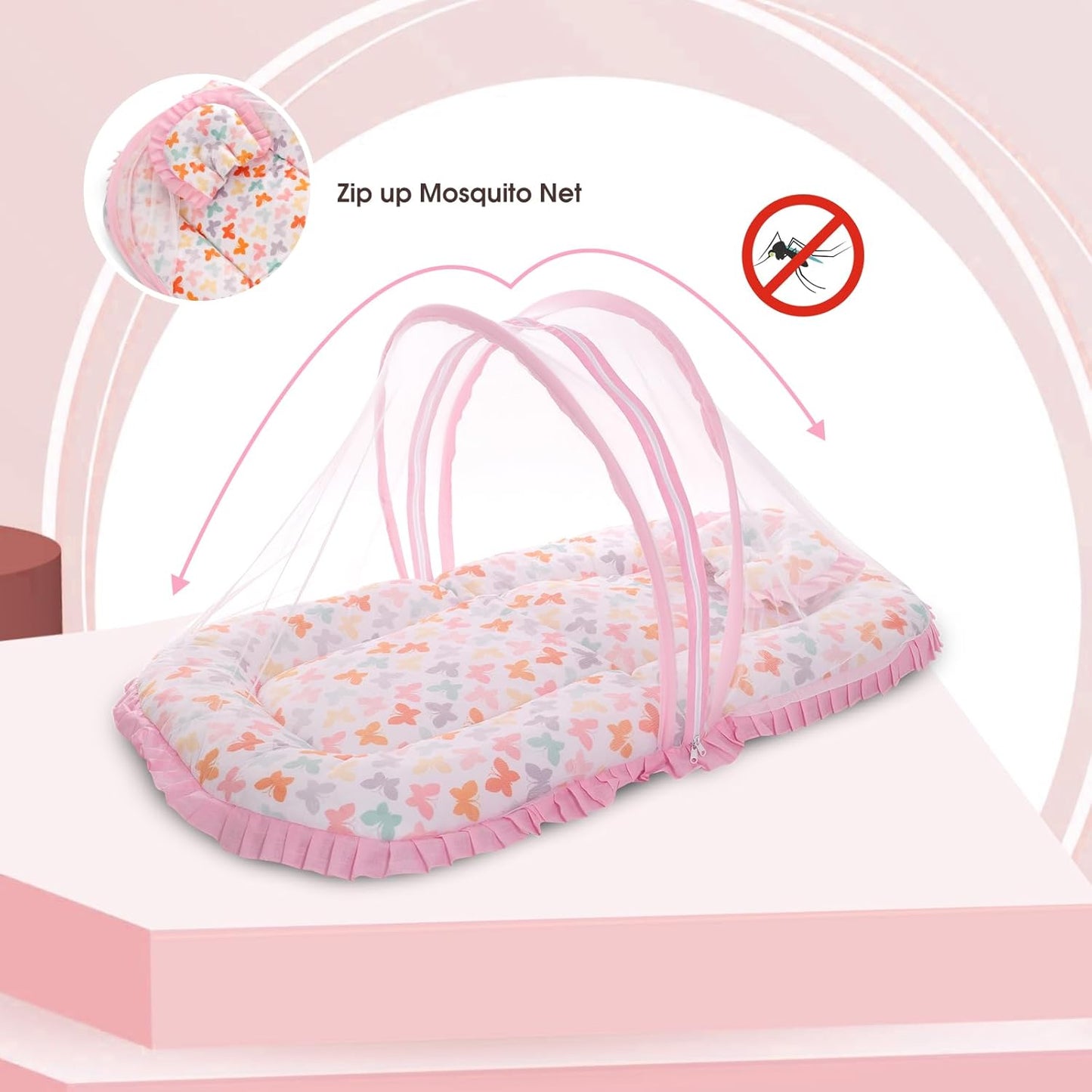 Mee Mee Baby Carry Nest & Lounger Set with Mosquito Net & Head Support Cushion Butterfly Design