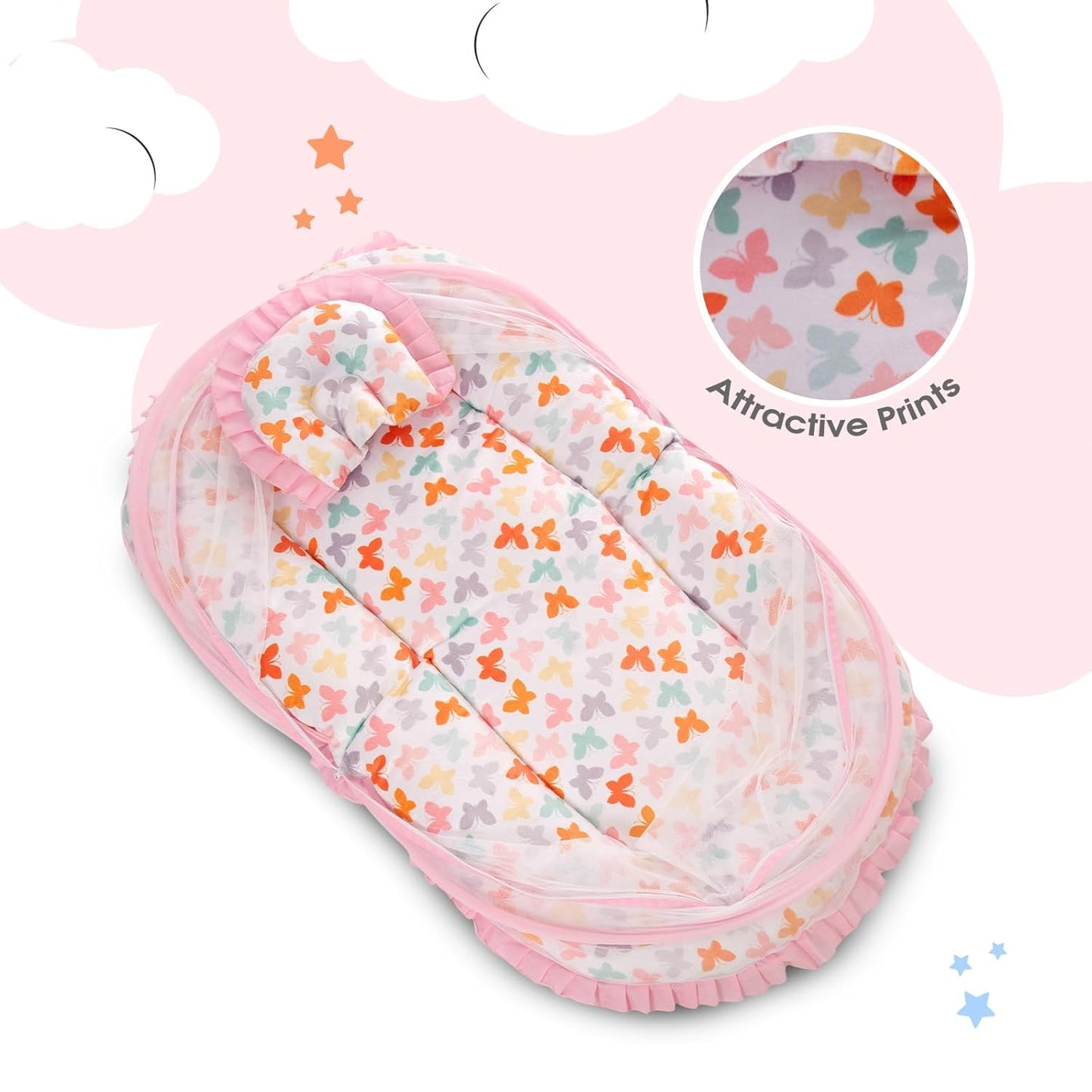 Mee Mee Baby Carry Nest & Lounger Set with Mosquito Net & Head Support Cushion Butterfly Design