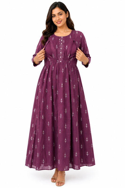 Women's Maternity & Feeding Maxi Dress | Purple Printed Nursing Gown