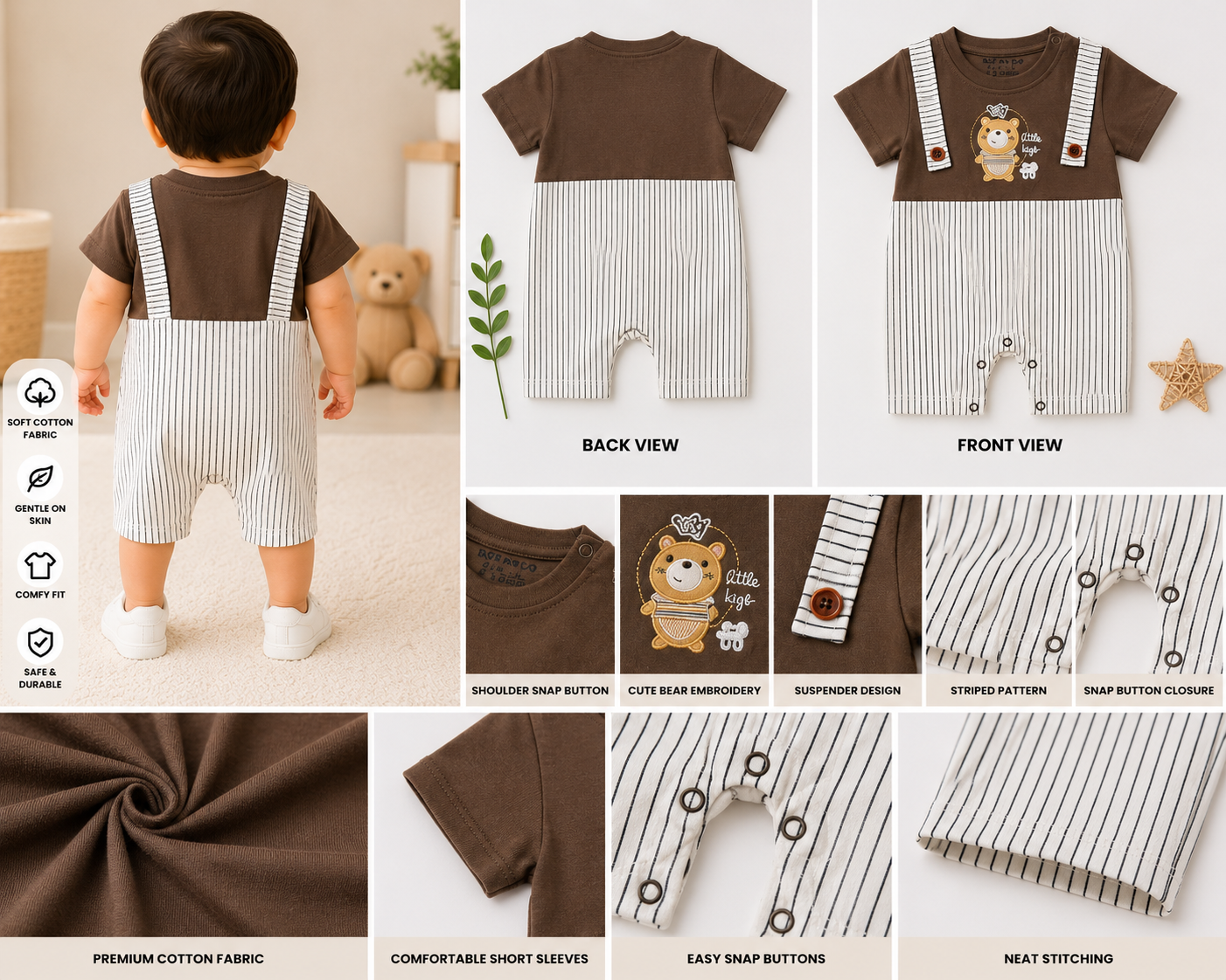 Baby Boys Cotton Bear Print Romper – Brown & White