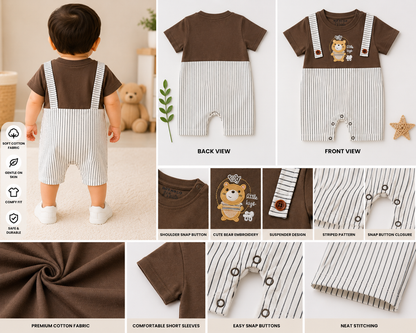 Baby Boys Cotton Bear Print Romper – Brown & White