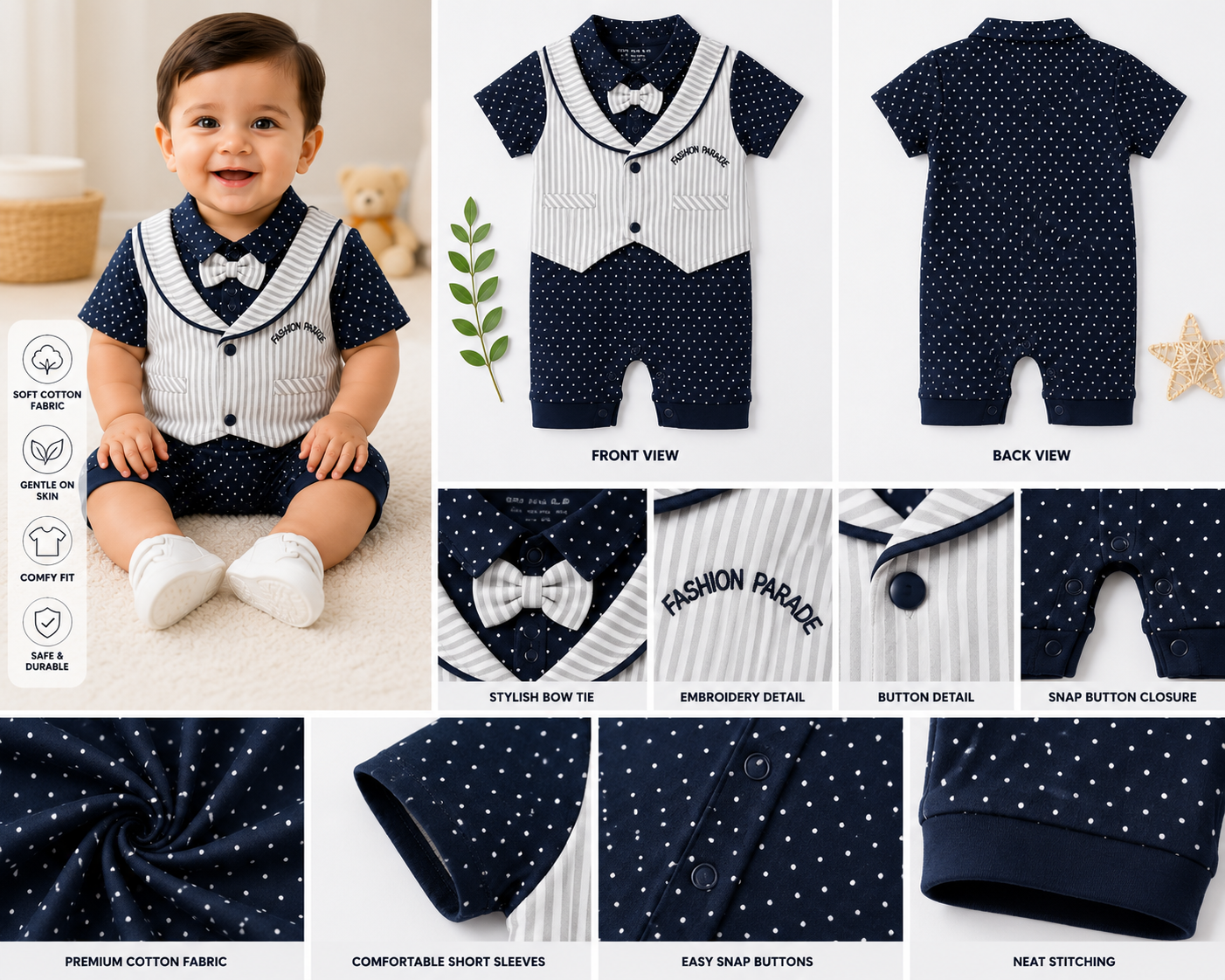 Baby Boys Premium Gentleman Romper with Striped Vest – Navy Blue | 9-12 Months