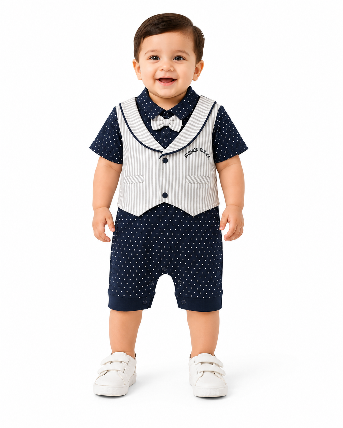 Baby Boys Premium Gentleman Romper with Striped Vest – Navy Blue | 9-12 Months