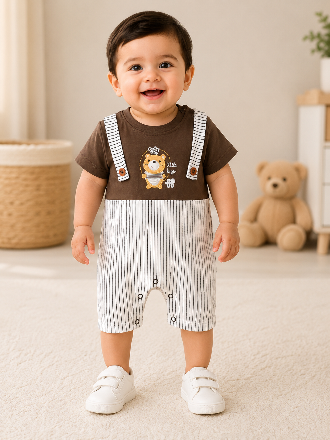 Baby Boys Cotton Bear Print Romper – Brown & White