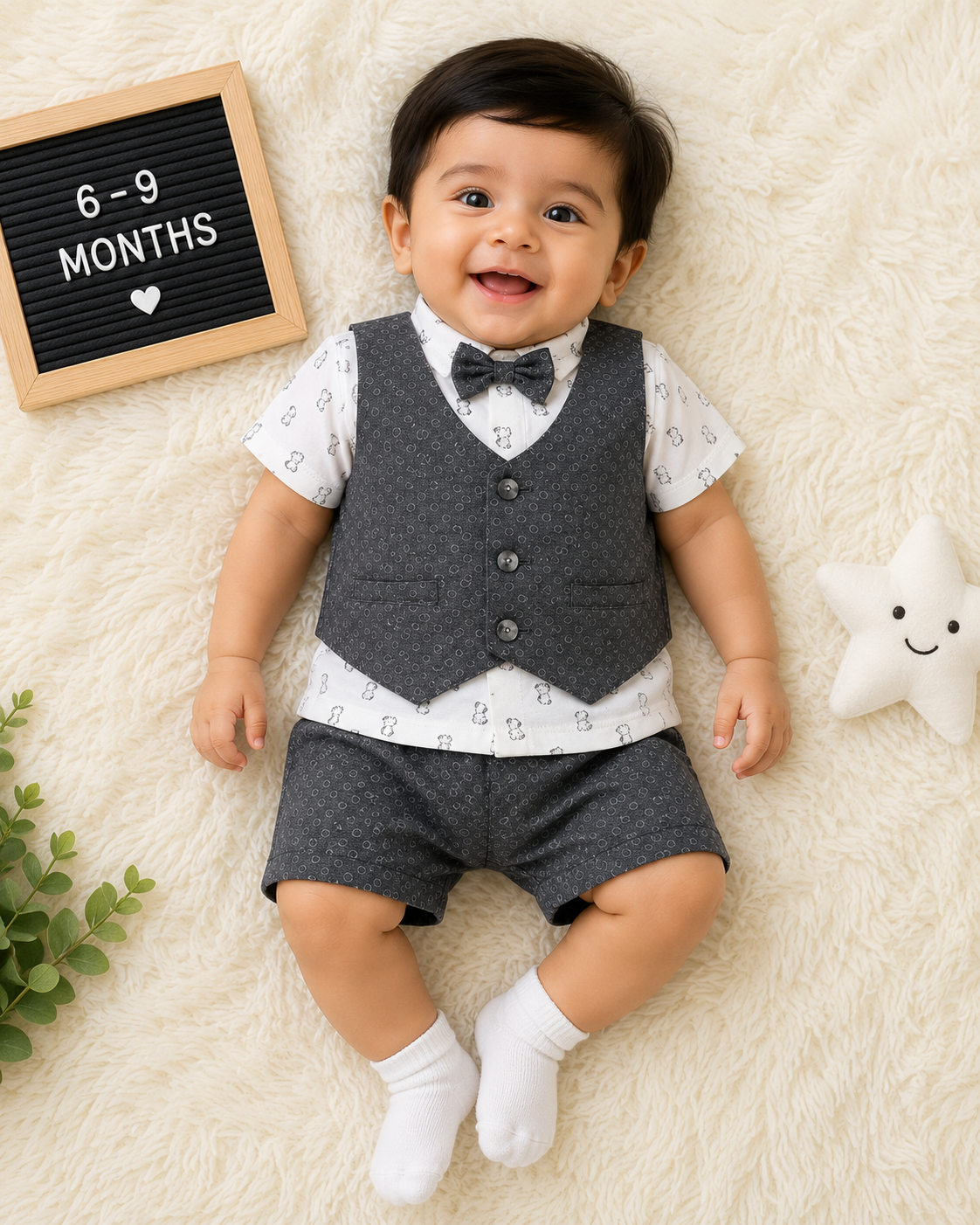 Boys Formal Party Wear 3-Piece Dress Set with Printed T-Shirt, Waistcoat & Shorts | Grey