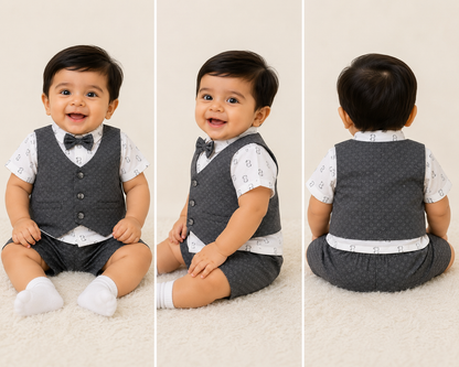 Boys Formal Party Wear 3-Piece Dress Set with Printed T-Shirt, Waistcoat & Shorts | Grey