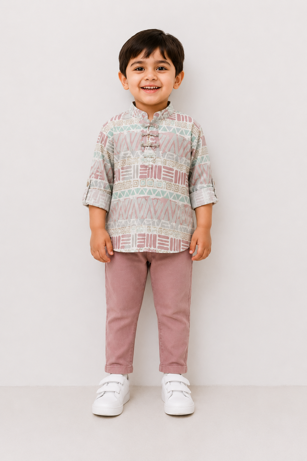 Boys Pastel Printed Ethnic Kurta with Pink Pant Set