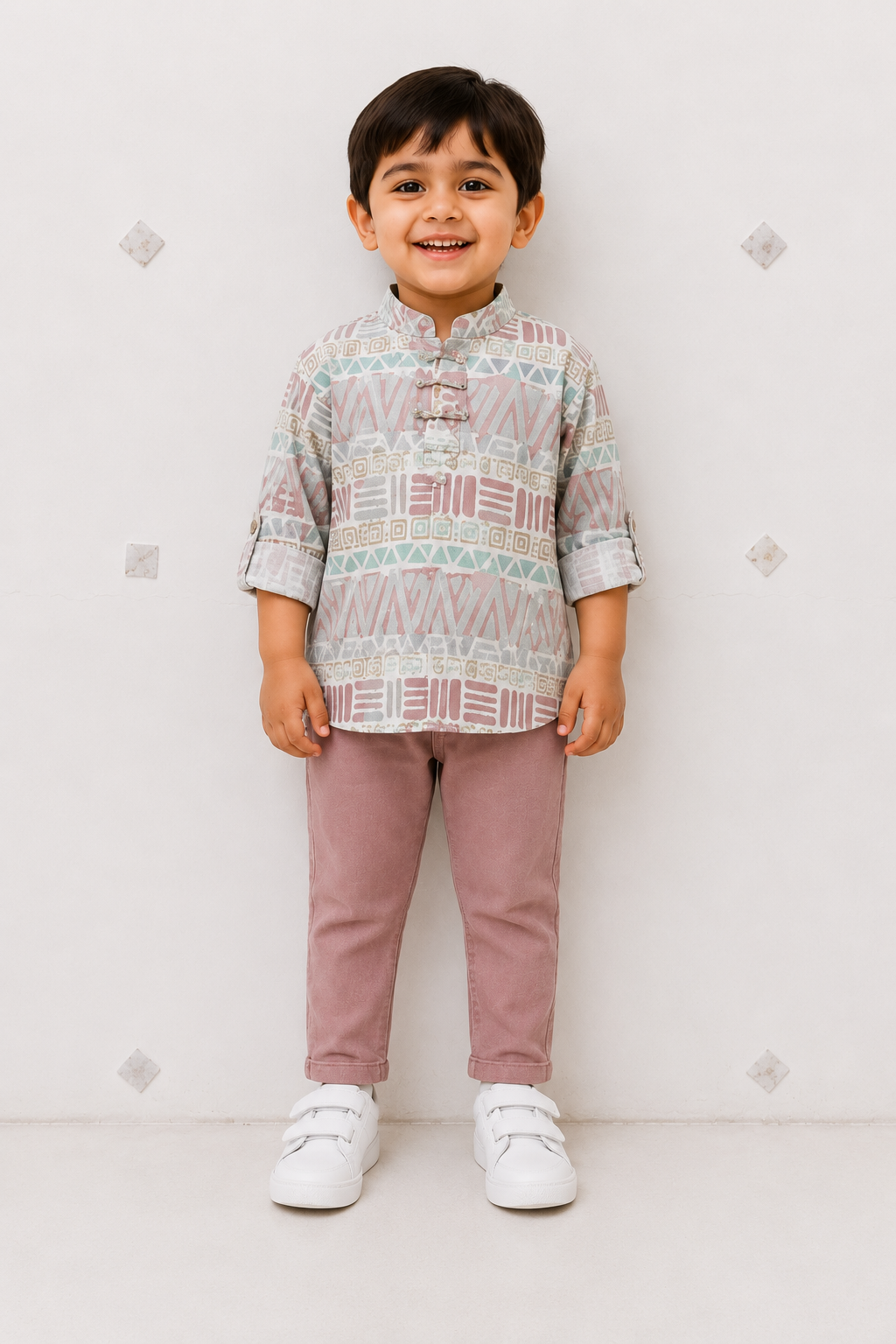 Boys Pastel Printed Ethnic Kurta with Pink Pant Set
