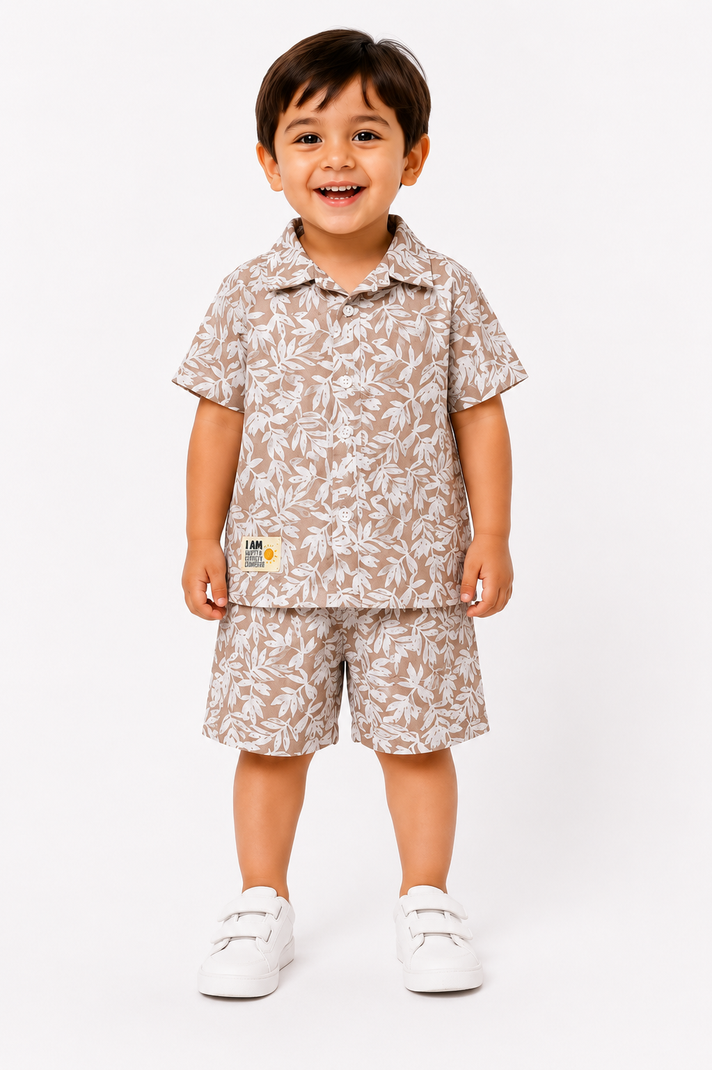 Baby Boys Leaf Print Co-Ord Set – Beige & White (2-3 Years)
