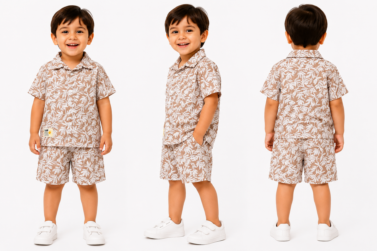 Baby Boys Leaf Print Co-Ord Set – Beige & White (2-3 Years)