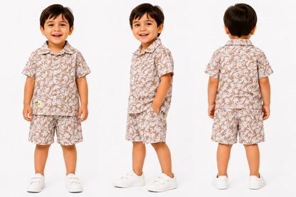 Baby Boys Leaf Print Co-Ord Set – Beige & White (2-3 Years)
