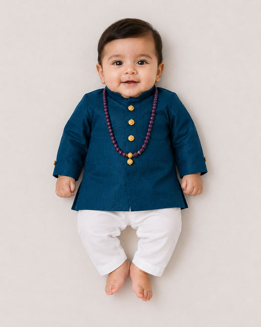 Boys Traditional Kurta Pajama Set with Decorative Beads Mala | Teal Blue & White