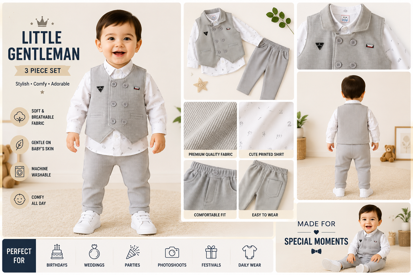Baby Boys Premium Grey Formal Waistcoat Clothing Set | 12-18 Months