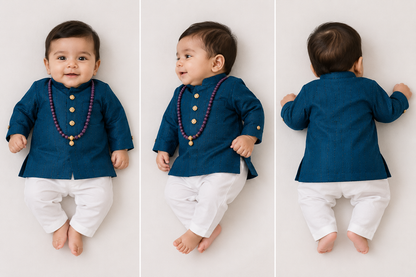 Boys Traditional Kurta Pajama Set with Decorative Beads Mala | Teal Blue & White
