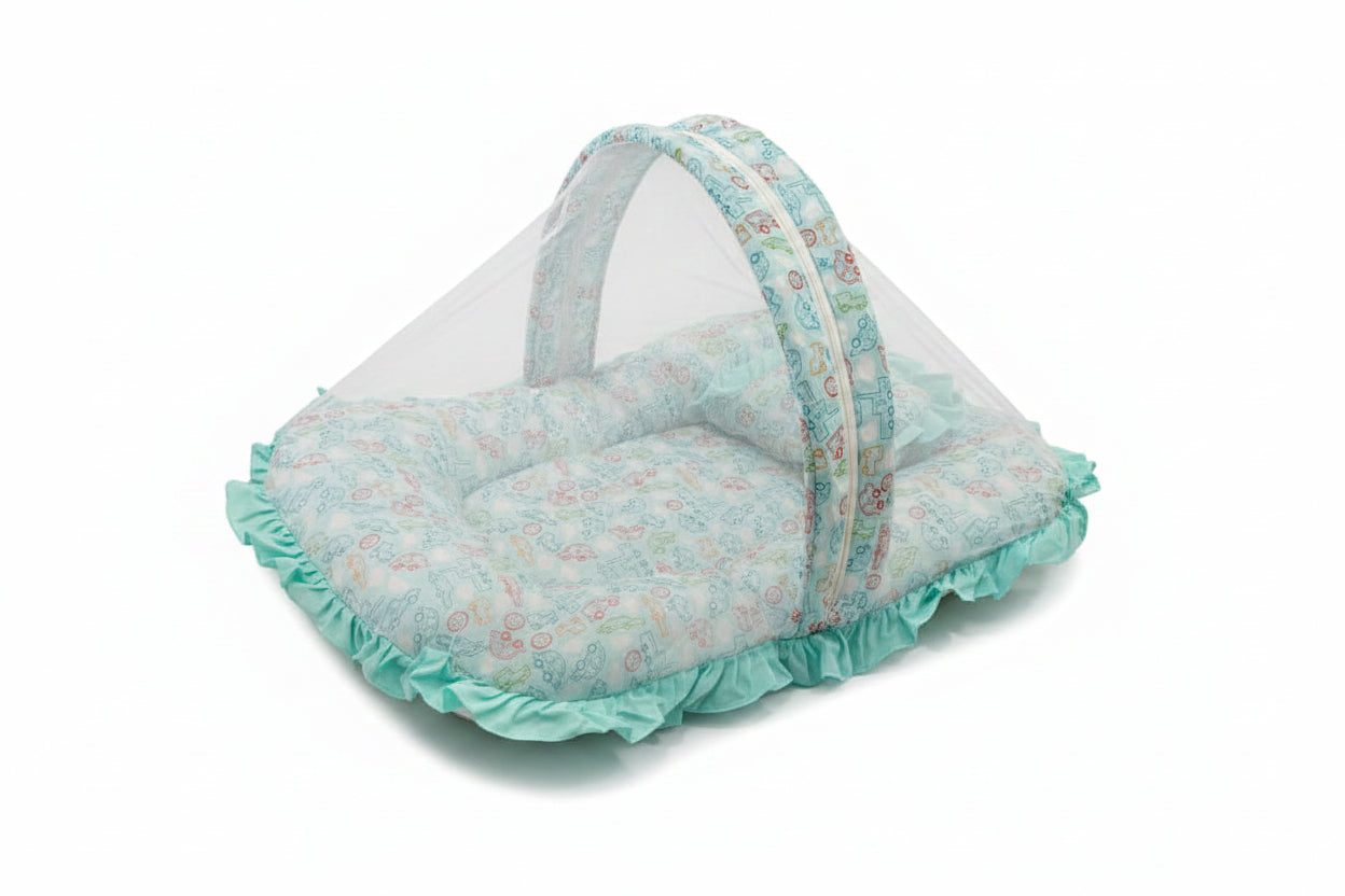 Mee Mee Cushioned Baby Mattress Set & Travel Bed with Mosquito Net & Pillow