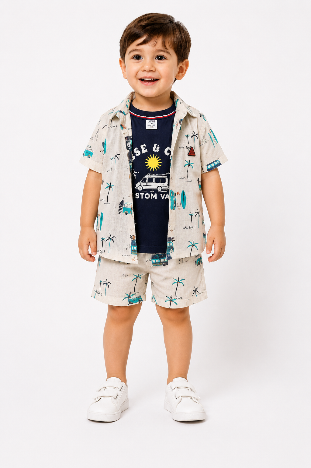 Boys Printed Shirt & T-Shirt with Shorts Clothing Set – Cream & Navy Blue (2-3 Years)
