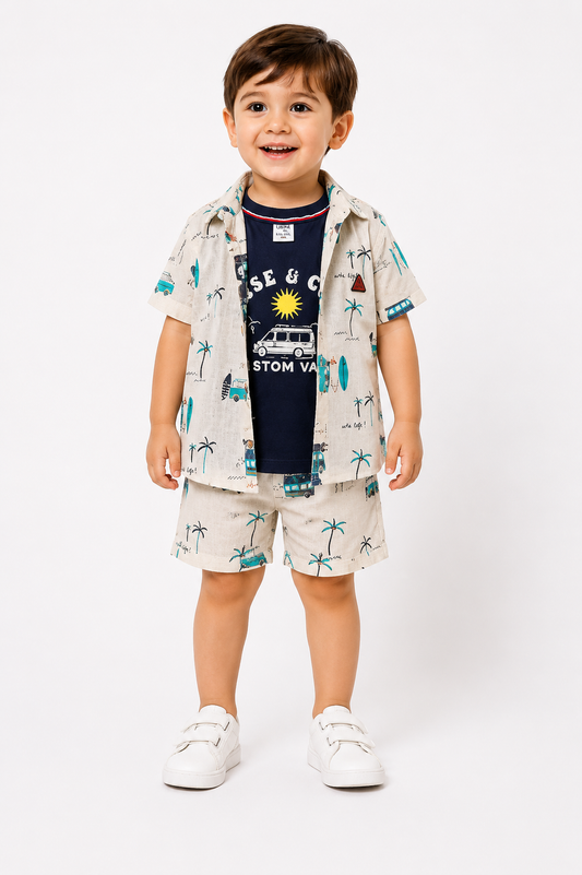 Boys Printed Shirt & T-Shirt with Shorts Clothing Set – Cream & Navy Blue (2-3 Years)
