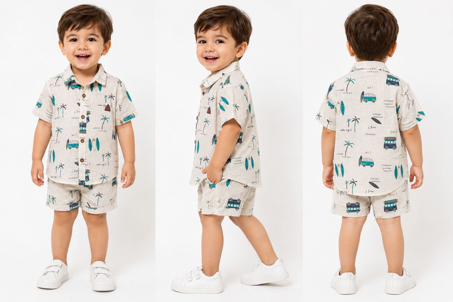 Boys Printed Shirt & T-Shirt with Shorts Clothing Set – Cream & Navy Blue (2-3 Years)