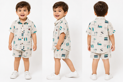 Boys Printed Shirt & T-Shirt with Shorts Clothing Set – Cream & Navy Blue (2-3 Years)