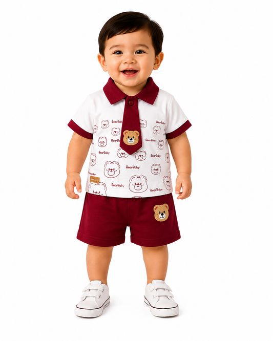 Baby Boys Bear Print Polo T-Shirt & Shorts Set (Maroon)
