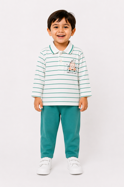 Feel It Baby Boys Cotton Polo T-Shirt & Pant Set – White & Mint Green (18-24 Months)