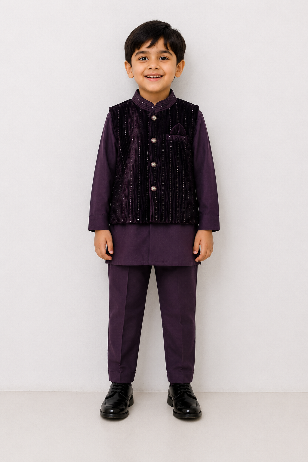 Boys Premium Ethnic Party Wear 3-Piece Kurta Set with Embroidered Velvet Jacket, Kurta & Trouser | Wine Purple