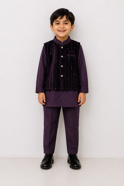 Boys Premium Ethnic Party Wear 3-Piece Kurta Set with Embroidered Velvet Jacket, Kurta & Trouser | Wine Purple