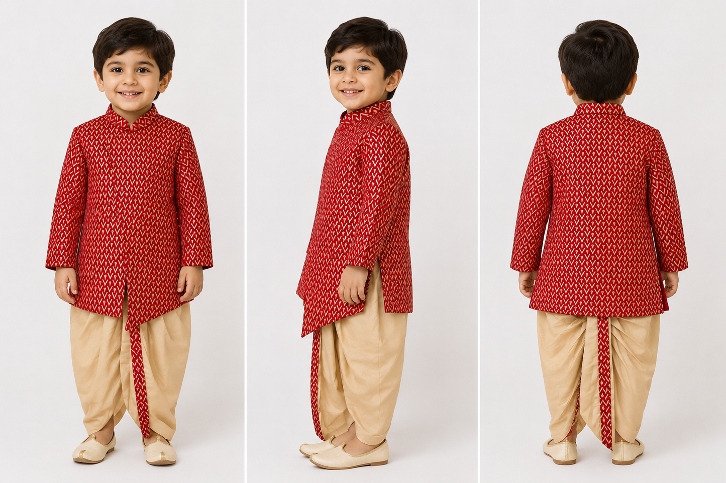 Boys Traditional Ethnic Wear Sherwani Kurta with Dhoti Pants Set | Red & Cream