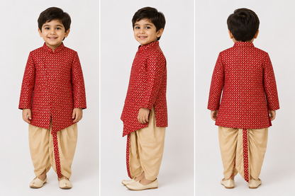 Boys Traditional Ethnic Wear Sherwani Kurta with Dhoti Pants Set | Red & Cream