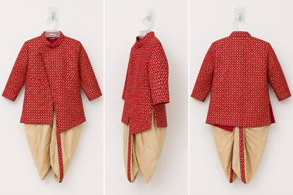 Boys Traditional Ethnic Wear Sherwani Kurta with Dhoti Pants Set | Red & Cream