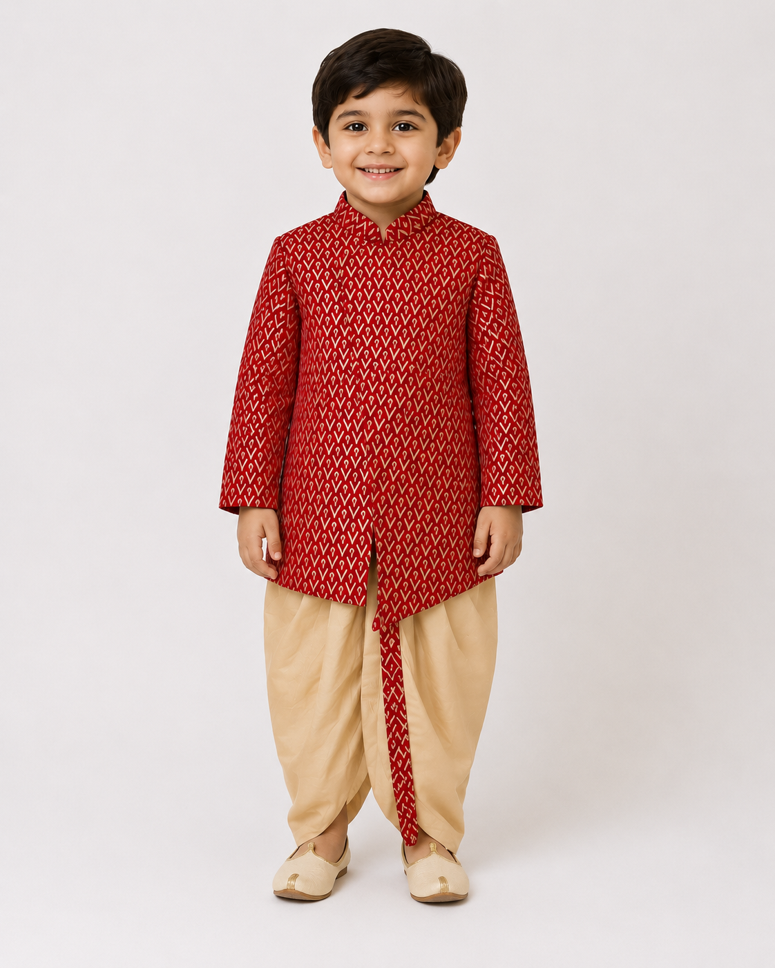 Boys Traditional Ethnic Wear Sherwani Kurta with Dhoti Pants Set | Red & Cream