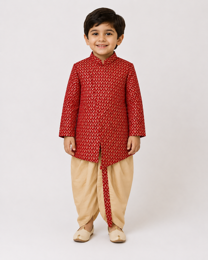 Boys Traditional Ethnic Wear Sherwani Kurta with Dhoti Pants Set | Red & Cream