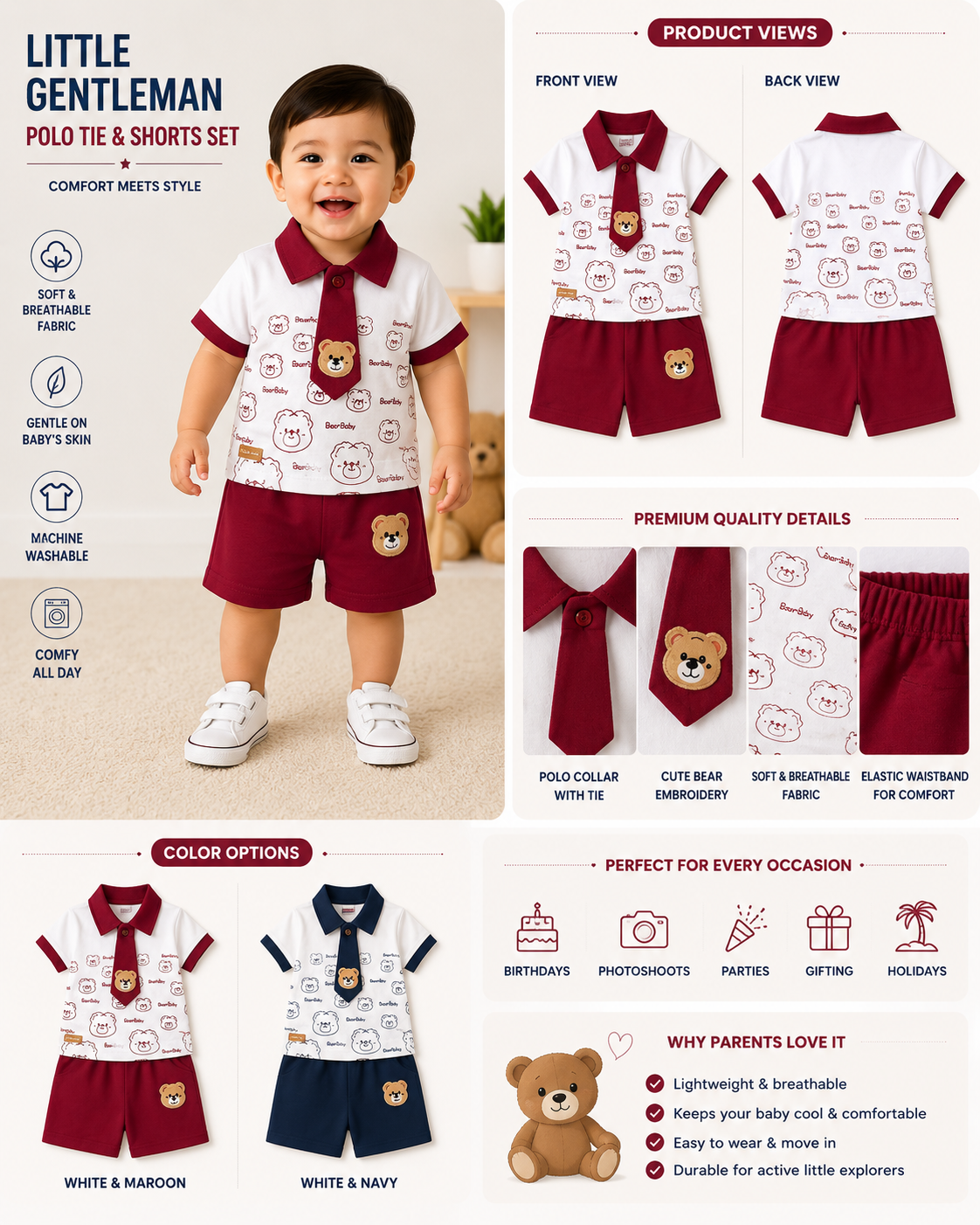 Baby Boys Bear Print Polo T-Shirt & Shorts Set (Maroon)