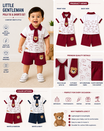 Baby Boys Bear Print Polo T-Shirt & Shorts Set (Maroon)