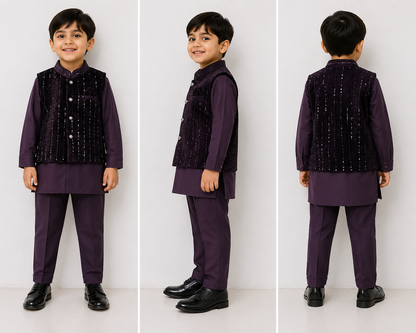 Boys Premium Ethnic Party Wear 3-Piece Kurta Set with Embroidered Velvet Jacket, Kurta & Trouser | Wine Purple