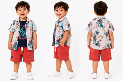 Boys Tropical Print Shirt, T-Shirt & Shorts Set – White, Navy & Coral (2-3 Years)
