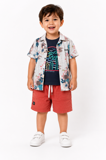 Boys Tropical Print Shirt, T-Shirt & Shorts Set – White, Navy & Coral (2-3 Years)