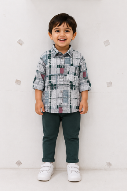 Boys Green Checked Full Sleeve Shirt & Trouser Set