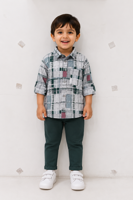 Boys Green Checked Full Sleeve Shirt & Trouser Set