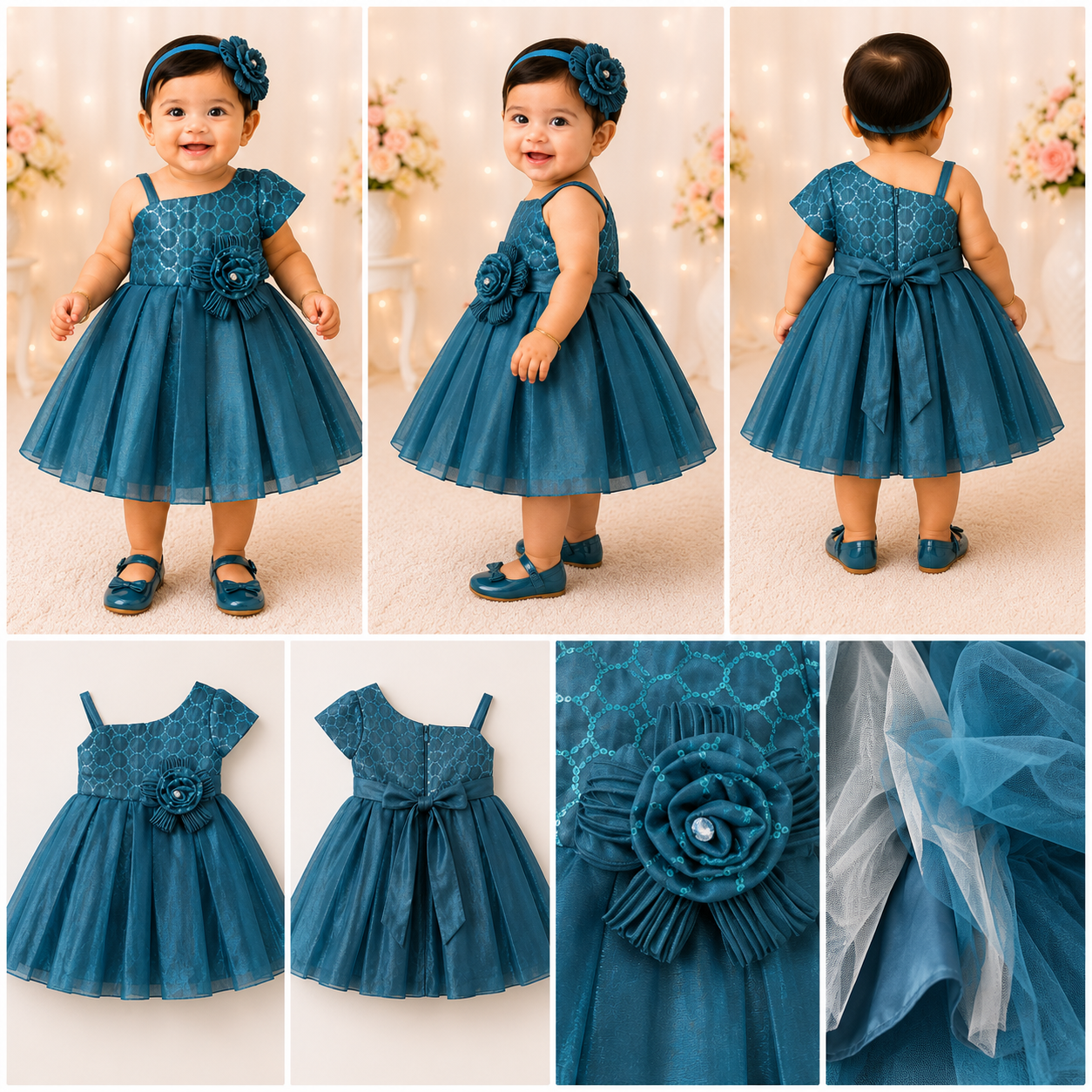 Teal One-Shoulder Sequin Party Dress for Girls