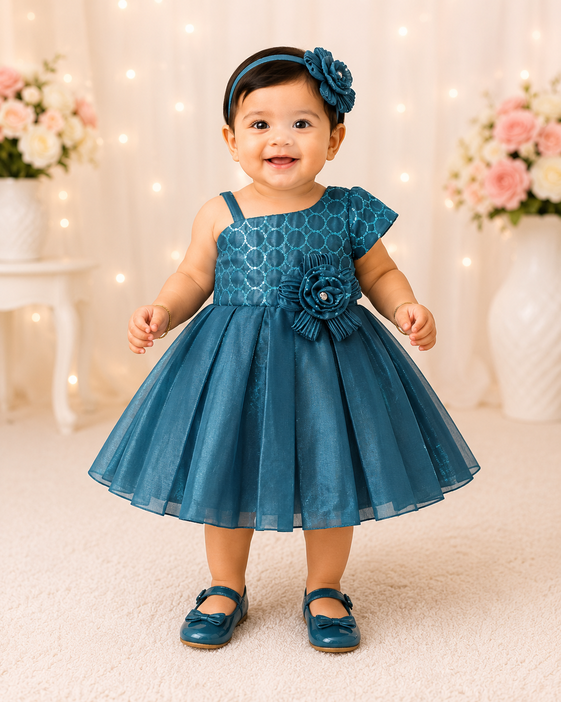 Teal One-Shoulder Sequin Party Dress for Girls