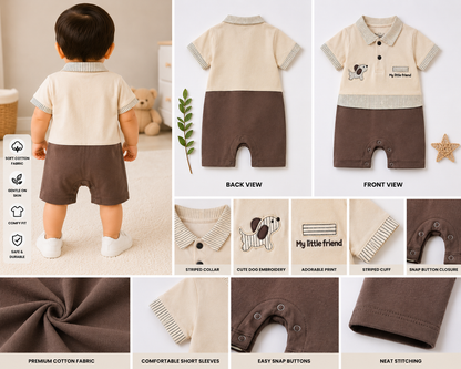 Baby Boys Cotton Polo Romper – Cream & Brown | 6-9 Months