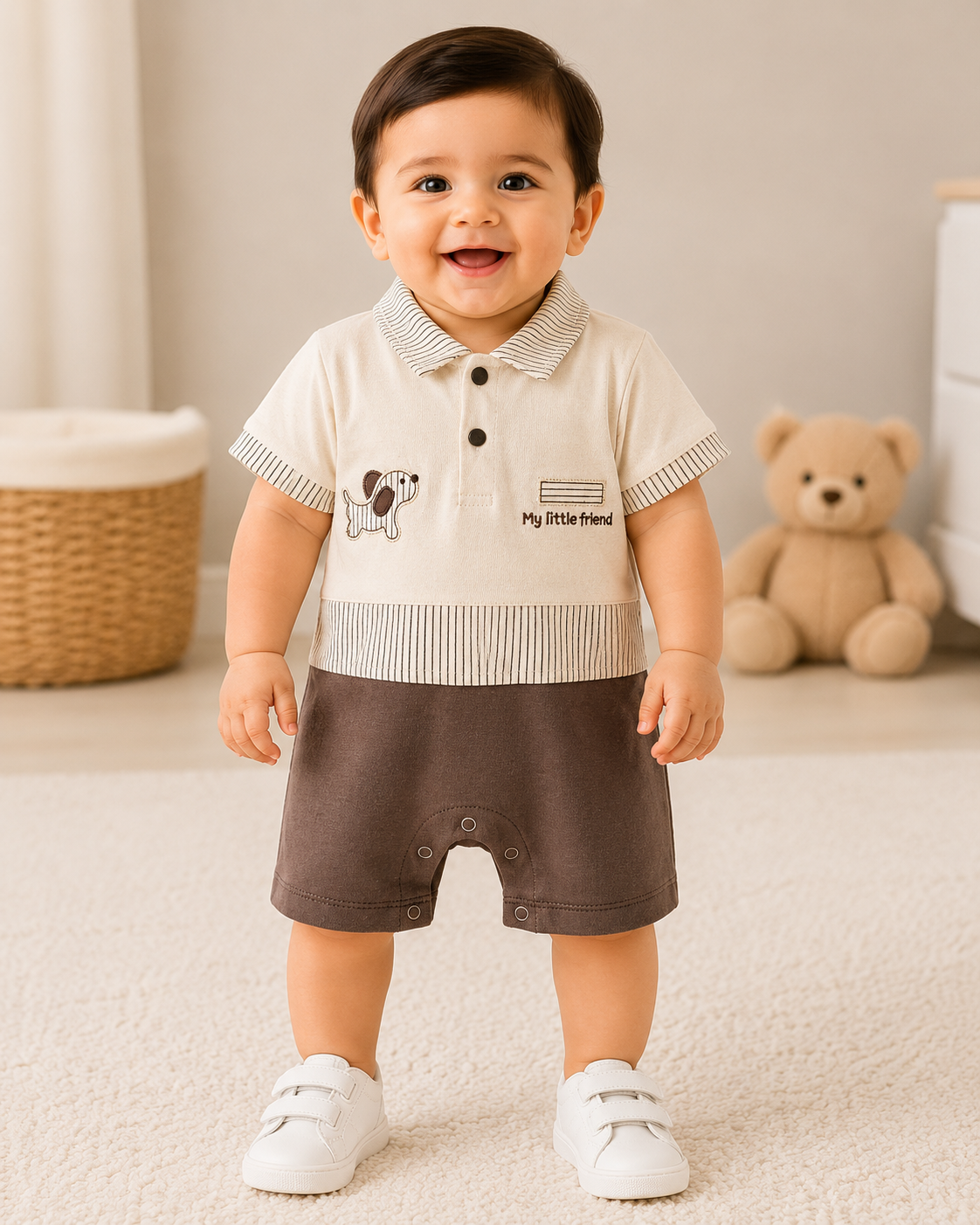 Baby Boys Cotton Polo Romper – Cream & Brown | 6-9 Months