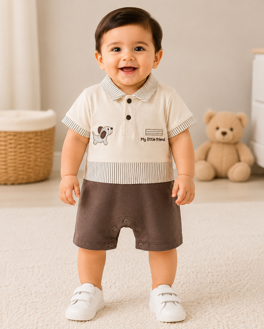 Baby Boys Cotton Polo Romper – Cream & Brown | 6-9 Months