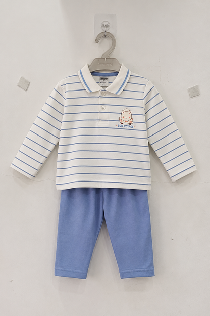 Feel It Baby Boys Cotton Polo T-Shirt & Pant Set – White & Sky Blue (18-24 Months)