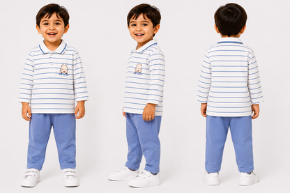Feel It Baby Boys Cotton Polo T-Shirt & Pant Set – White & Sky Blue (18-24 Months)